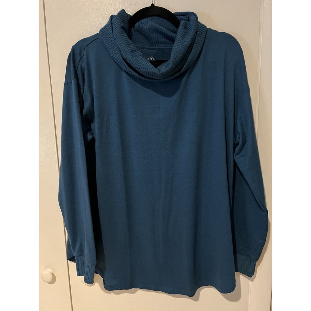 St. Johns Bay Long Sleeve Sweater Womens Large Teal Knit Top Soft Foldover Neck